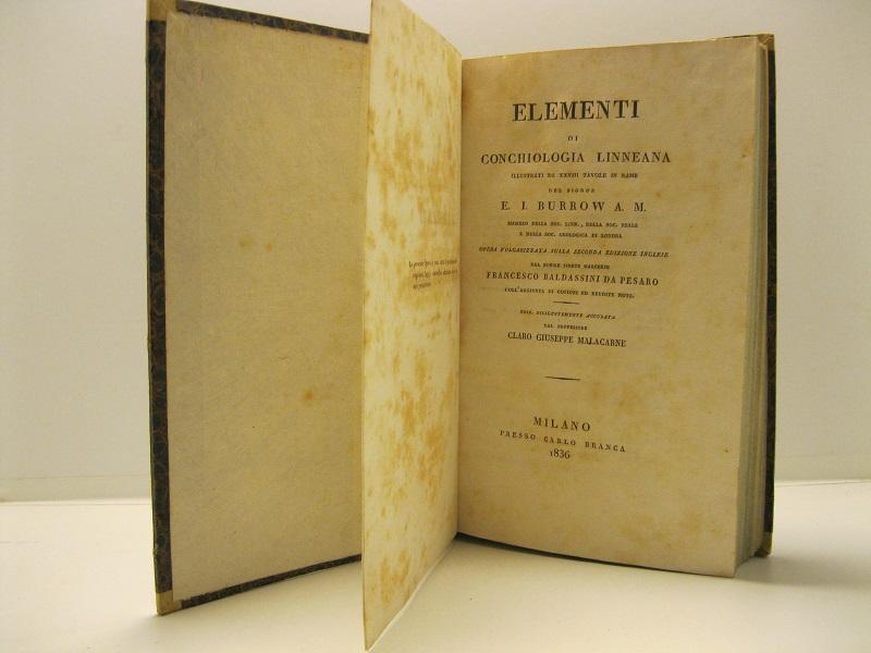 Elementi di conchiologia linneiana illustrati da XXVIII tavole in rame del Signor E. I. Burrow A. M. membro della soc. linn., della soc. Reale e della soc. geologica di Londra. Opera volgarizzata sulla seconda edizione inglese dal nobile signor Marchese Francesco Baldassini da Pesaro coll'aggiunta di copiose ed erudite note. Ed. diligentemente accurata dal Prof. Claro Giuseppe Malacarne
